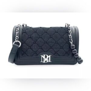 Badgley Mischka Black Denim Quilted/Pearl Turn-Lock Closure Crossbody